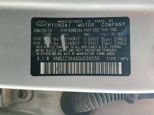 KM8J23A44GU039559 - 2016 HYUNDAI TUCSON SE GRAY photo 10