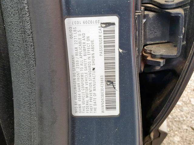 WVWND63B63E428883 - 2003 VOLKSWAGEN PASSAT GL BLUE photo 10