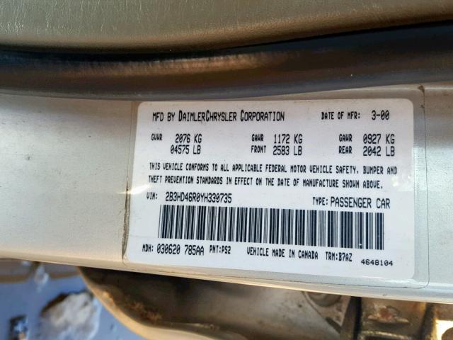 2B3HD46R0YH330735 - 2000 DODGE INTREPID SILVER photo 10