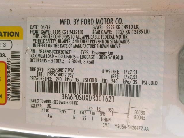 3FA6P0SUXDR301621 - 2013 FORD FUSION TIT WHITE photo 10