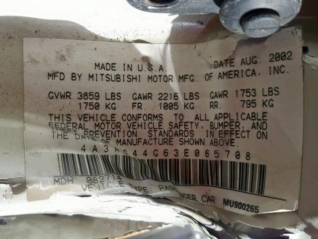 4A3AC44G63E065708 - 2003 MITSUBISHI ECLIPSE GS WHITE photo 10