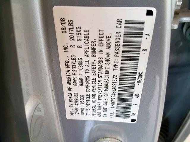 1HGCP26469A021572 - 2009 HONDA ACCORD LXP SILVER photo 10