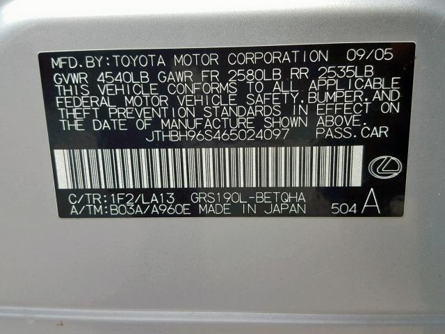 JTHBH96S465024097 - 2006 LEXUS GS 300 SILVER photo 10