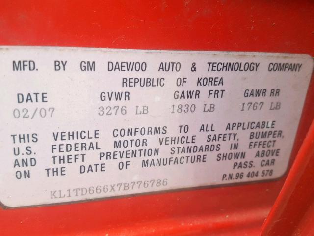 KL1TD666X7B776786 - 2007 CHEVROLET AVEO BASE Қызыл фото 10
