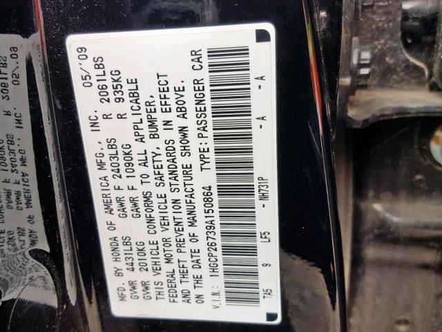 1HGCP26739A150864 - 2009 HONDA ACCORD EX BLACK photo 10