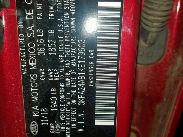 3KPA24AB1KE179603 - 2019 KIA RIO S RED photo 10