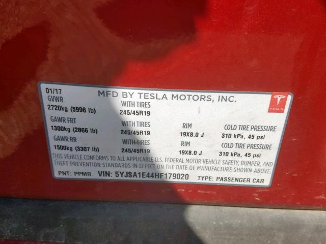 5YJSA1E44HF179020 - 2017 TESLA MODEL S RED photo 10