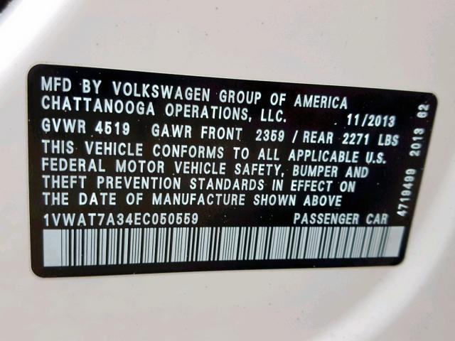 1VWAT7A34EC050559 - 2014 VOLKSWAGEN PASSAT S WHITE photo 10