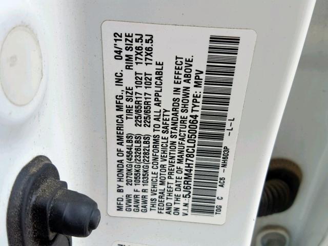 5J6RM4H78CL050064 - 2012 HONDA CR-V EXL WHITE photo 10