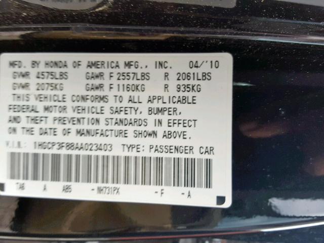 1HGCP3F88AA023403 - 2010 HONDA ACCORD EXL BLACK photo 10