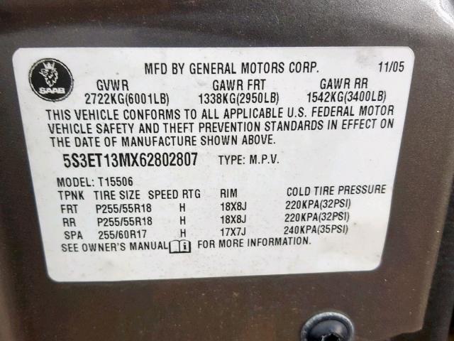 5S3ET13MX62802807 - 2006 SAAB 9-7X ARC GRAY photo 10