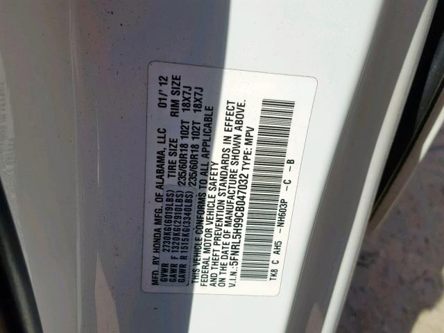 5FNRL5H99CB047032 - 2012 HONDA ODYSSEY TO WHITE photo 10