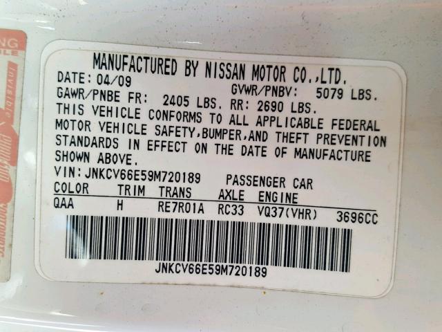 JNKCV66E59M720189 - 2009 INFINITI G37 BASE WHITE photo 10