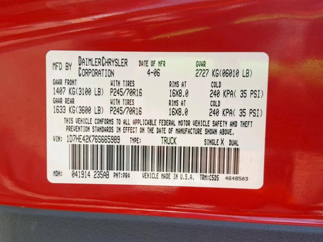 1D7HE42K76S665989 - 2006 DODGE DAKOTA SLT RED photo 10