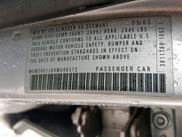 WVWSR61JX4W048312 - 2004 VOLKSWAGEN JETTA GLS SILVER photo 10