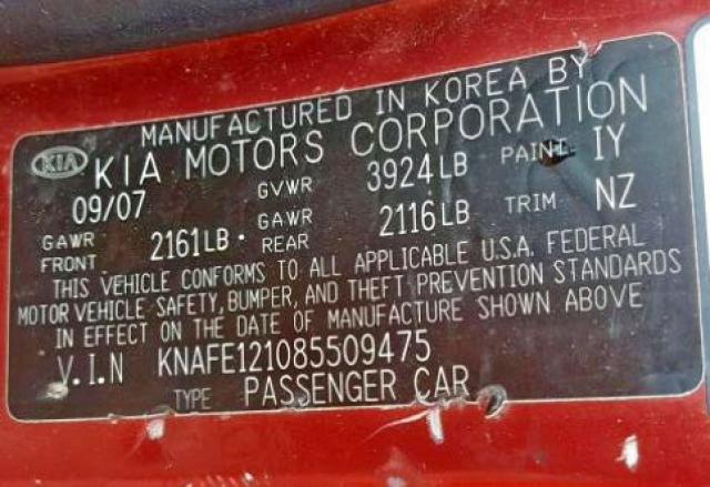 KNAFE121085509475 - 2008 KIA SPECTRA EX RED photo 10