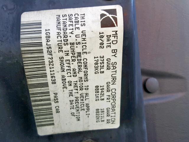 1G8AJ52F73Z111638 - 2003 SATURN ION LEVEL WHITE photo 10