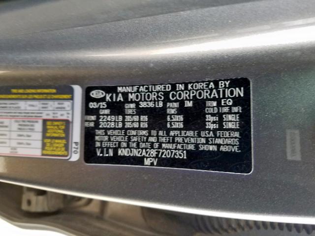 KNDJN2A28F7207351 - 2015 KIA SOUL GRAY photo 10