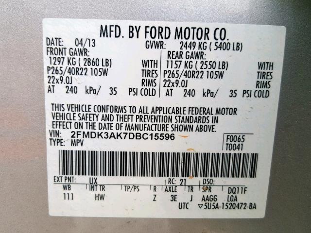 2FMDK3AK7DBC15596 - 2013 FORD EDGE SPORT SILVER photo 10