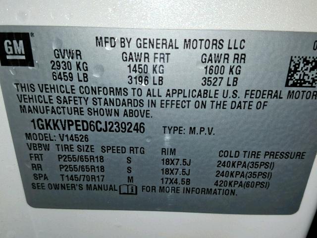 1GKKVPED6CJ239246 - 2012 GMC ACADIA SLE WHITE photo 10