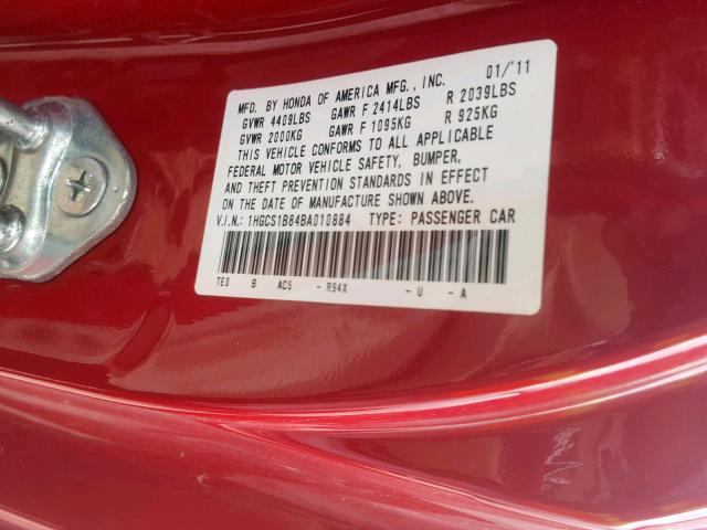 1HGCS1B84BA010884 - 2011 HONDA ACCORD EXL RED photo 10