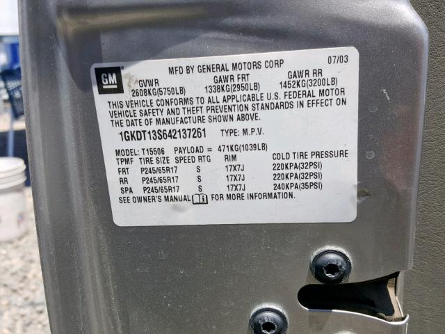 1GKDT13S642137261 - 2004 GMC ENVOY SILVER photo 10