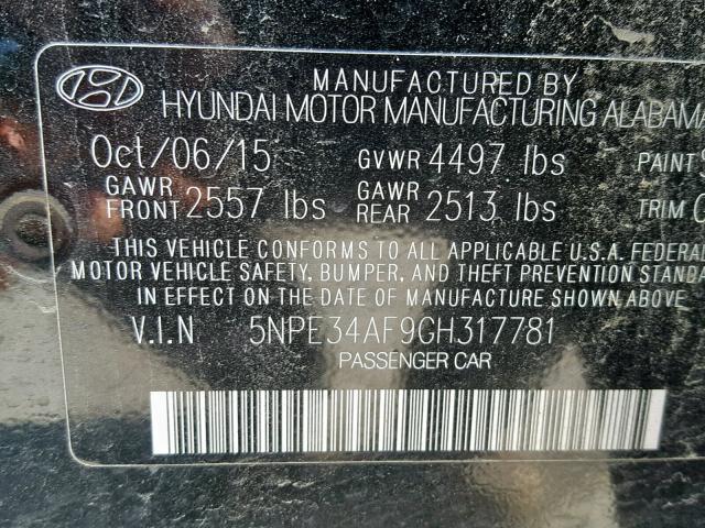 5NPE34AF9GH317781 - 2016 HYUNDAI SONATA SPO BLACK photo 10