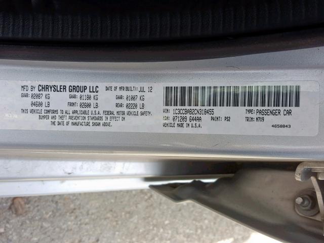 1C3CCBAB2CN318455 - 2012 CHRYSLER 200 LX SILVER photo 10