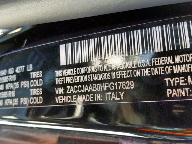 ZACCJAAB0HPG17629 - 2017 JEEP RENEGADE S BLACK photo 10