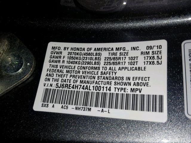 5J6RE4H74AL100114 - 2010 HONDA CR-V EXL CHARCOAL photo 10