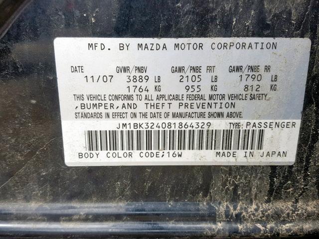 JM1BK324081864329 - 2008 MAZDA 3 S BLACK photo 10