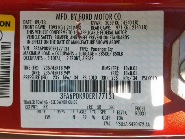 3FA6P0K90ER177131 - 2014 FORD FUSION TIT RED photo 10