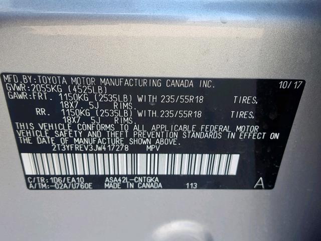 2T3YFREV3JW417278 - 2018 TOYOTA RAV4 LIMIT SILVER photo 10