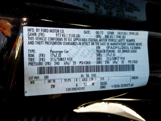 1FADP3J25DL123866 - 2013 FORD FOCUS TITA BLACK photo 10