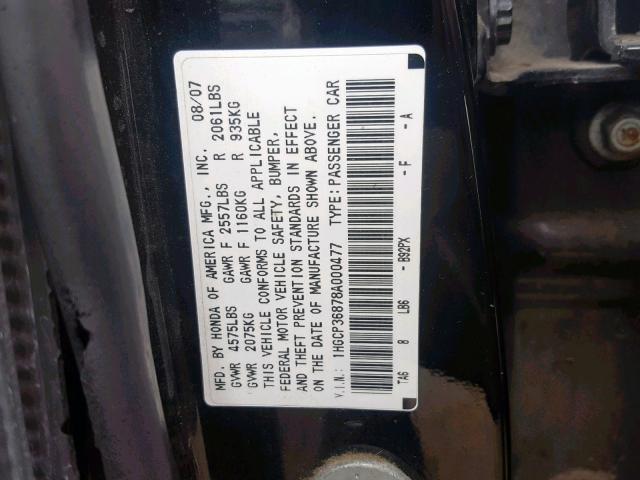 1HGCP36878A000477 - 2008 HONDA ACCORD EXL BLACK photo 10