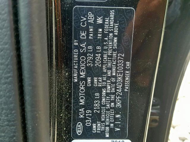 3KPF24AD3KE103372 - 2019 KIA FORTE FE BLACK photo 10