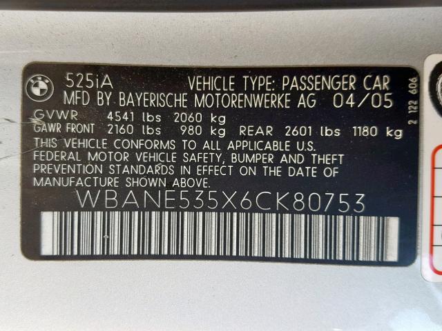 WBANE535X6CK80753 - 2006 BMW 525 I SILVER photo 10