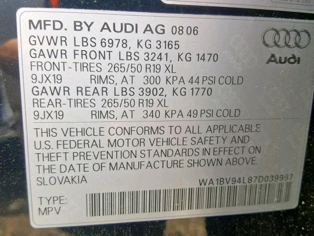 WA1BV94L87D039967 - 2007 AUDI Q7 4.2 QUA BLUE photo 10