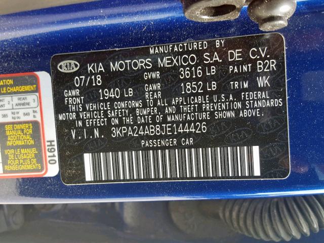 3KPA24AB8JE144426 - 2018 KIA RIO LX BLUE photo 10