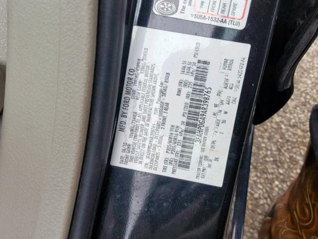 3FAHP0GA9AR398765 - 2010 FORD FUSION S BLACK photo 10