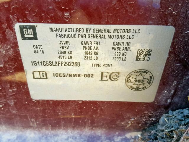 1G11C5SL3FF292368 - 2015 CHEVROLET MALIBU 1LT RED photo 10