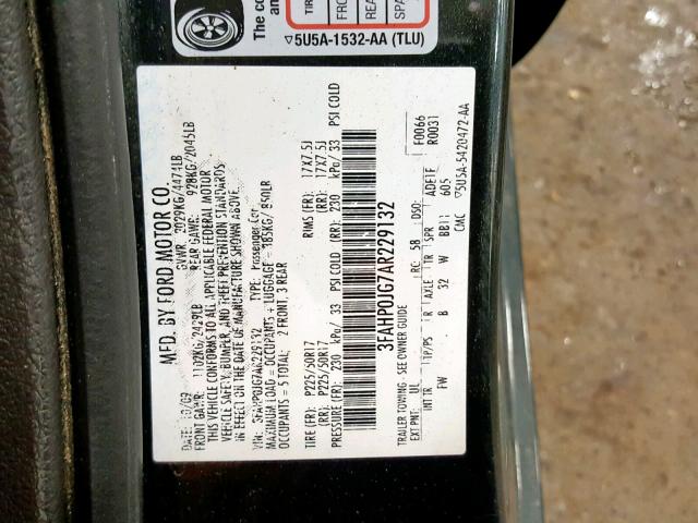 3FAHP0JG7AR229132 - 2010 FORD FUSION SEL BLACK photo 10