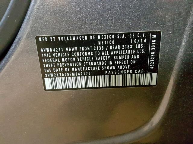 3VW2K7AJ9FM242176 - 2015 VOLKSWAGEN JETTA BASE 灰色 照片 10