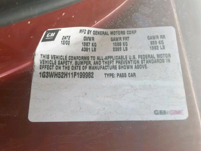 1G3WH52H11F199982 - 2001 OLDSMOBILE INTRIGUE G RED photo 10