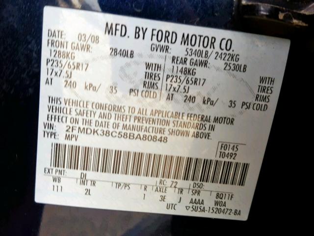 2FMDK38C58BA80848 - 2008 FORD EDGE SEL BLUE photo 10