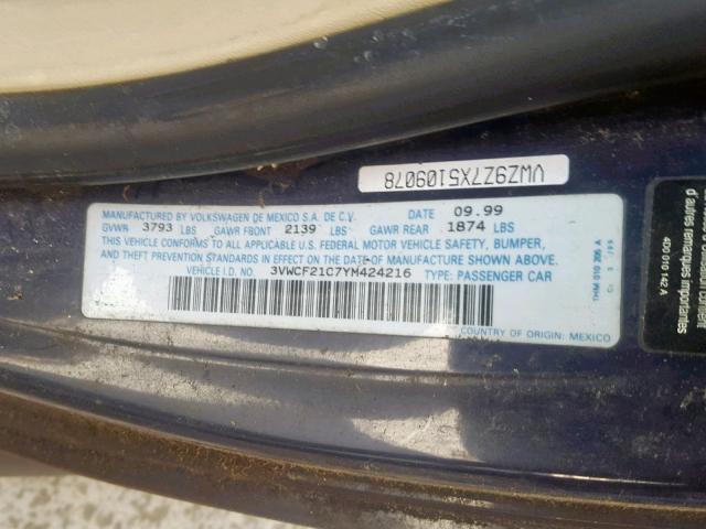 3VWCF21C7YM424216 - 2000 VOLKSWAGEN NEW BEETLE Mavi foto 10