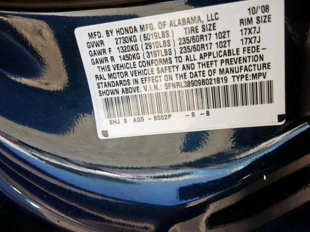 5FNRL38909B021819 - 2009 HONDA ODYSSEY TO BLUE photo 10