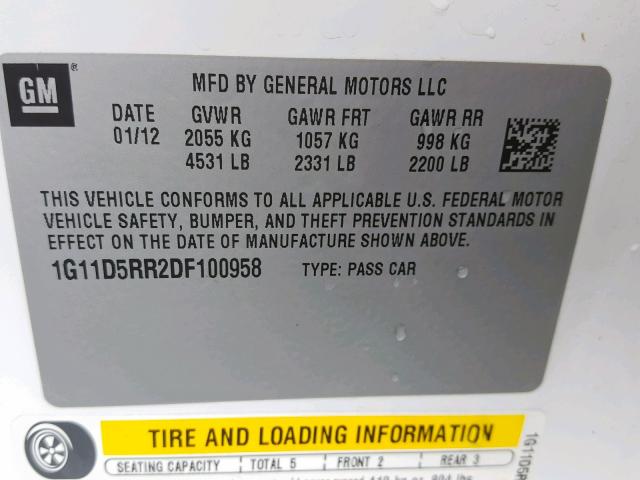 1G11D5RR2DF100958 - 2013 CHEVROLET MALIBU 1LT WHITE photo 10