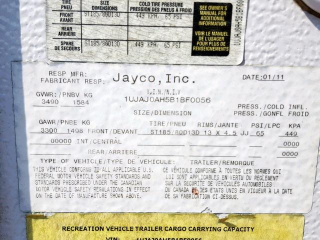 1UJAJ0AH5B1BF0056 - 2011 JAYCO J SERIES  WHITE photo 10