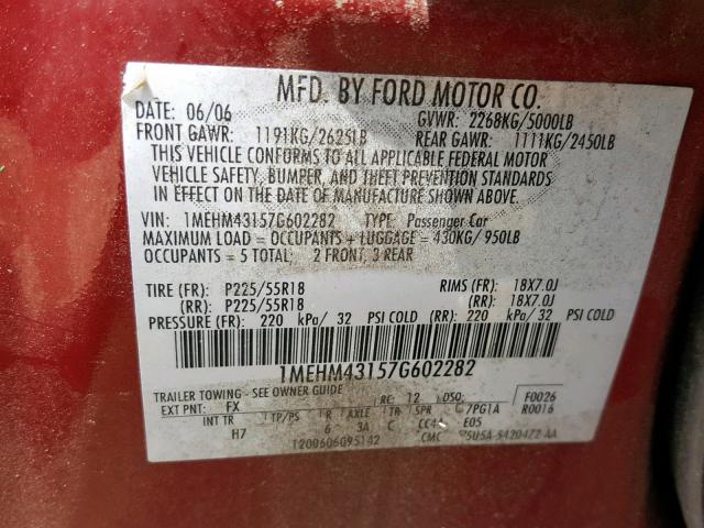 1MEHM43157G602282 - 2007 MERCURY MONTEGO PR 红色 照片 10